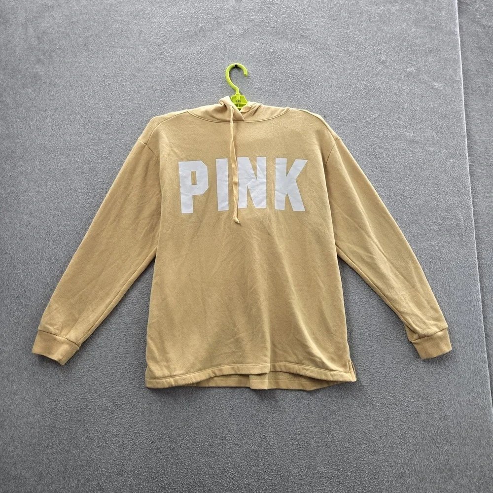 PINK‎ Victoria's Secret Women Hoodie M Tan PINK Text Activewear Logo Long Sleeve